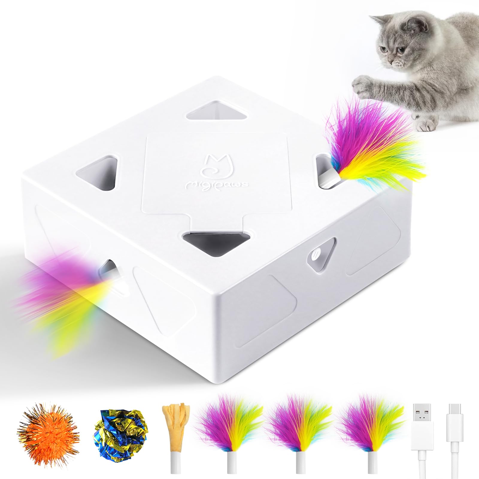 Migibox Automatic Interactive Cat Toy with Random Pop-Out Feathers and USB Rechargeability