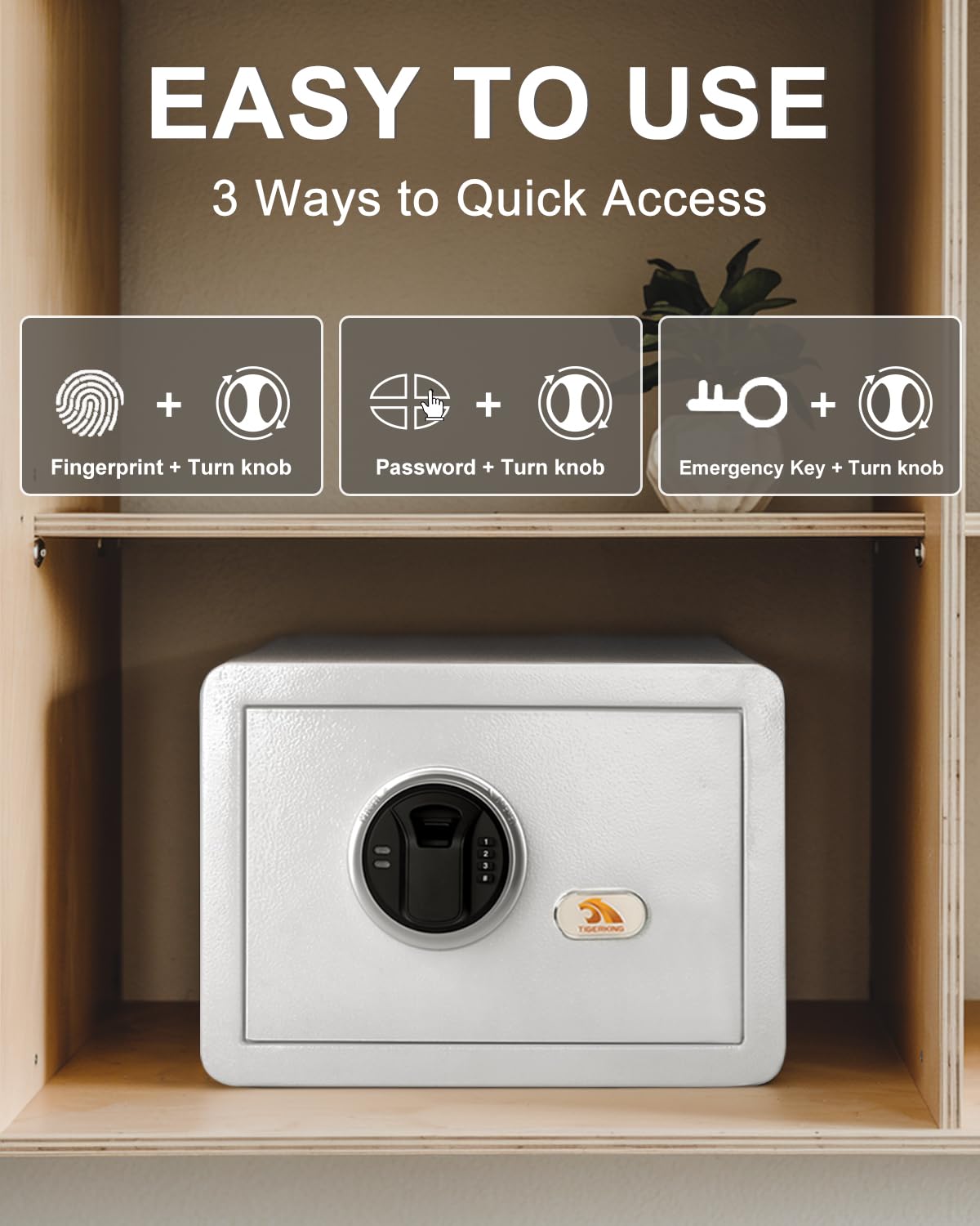 TIGERKING Biometric Fingerprint Home Safe, 1.2 Cubic Feet Digital Security Safe Lock Box, Quick-Access Small Safes for Cash, Jewelry, Document, White