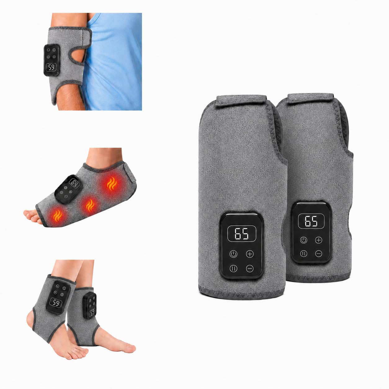 3 in 1 Fußmassagegerät 2er Set Heizung Vibration Knöchel Fuß Arm - Grau | 2er Set für Synchronmassage, 65 Grad Tiefenwärme, 6 Vibrationsmodi, 180 Min Akkulaufzeit, Inklusive 2 Verlängerungsgurte