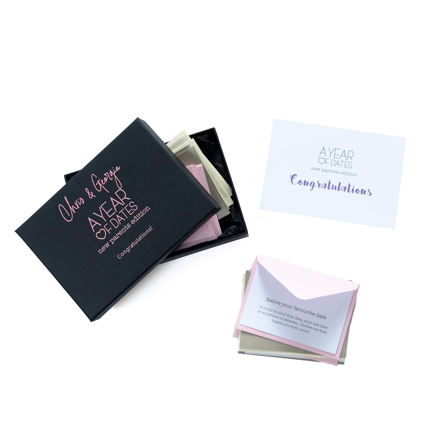 A Year Of Dates Personalised New Parents Gift Box in pink - 26 Activity Ideas for New Parents with Date Ideas, Family Days Out & Adventures with Baby – Gifts for Couples with Kids