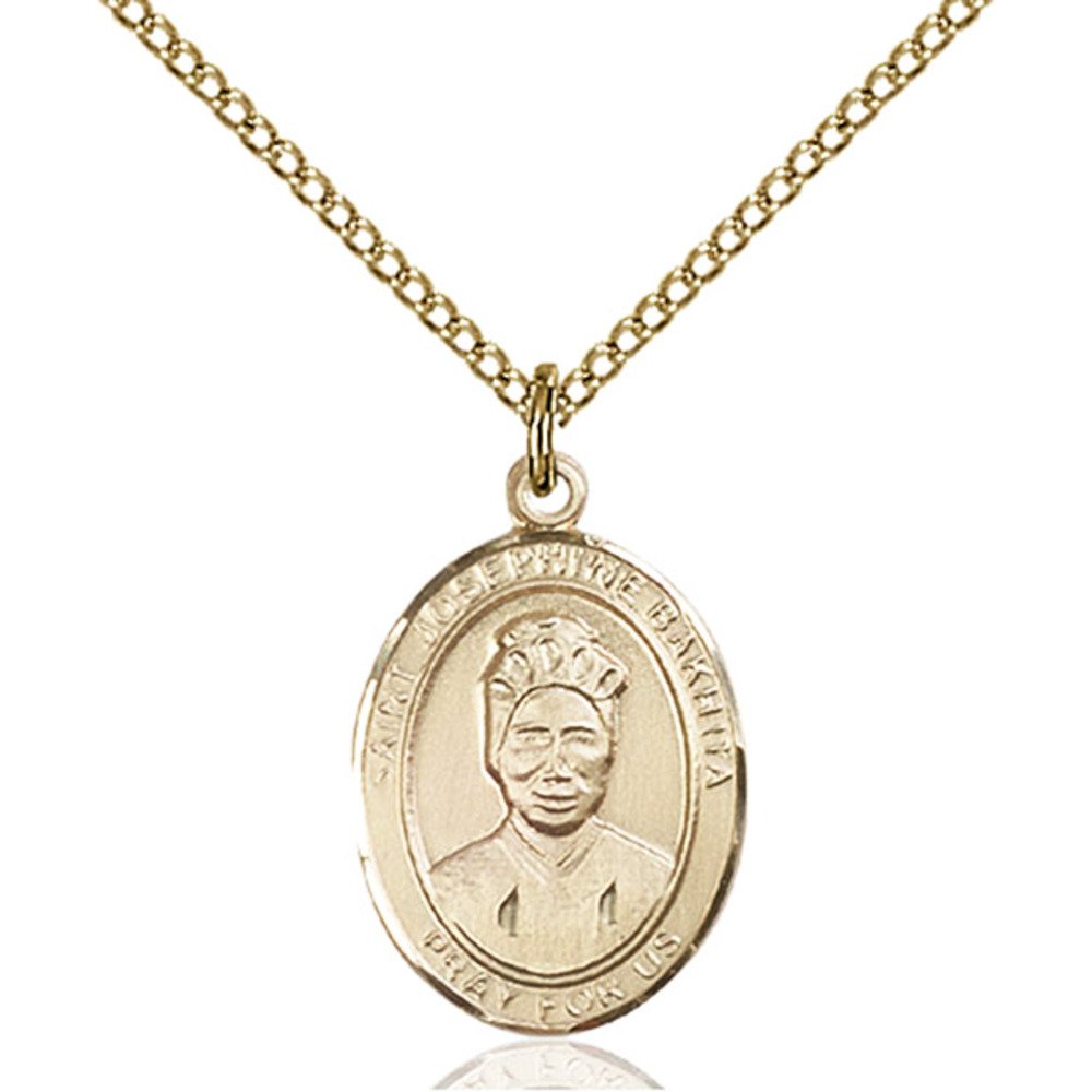 Bonyak Jewelry Saint Medal Collection Custom Engraved Gold Filled St. Josephine Bakhita Pendant 3/4 x 1/2 inches with Gold Filled Lite Curb Chain