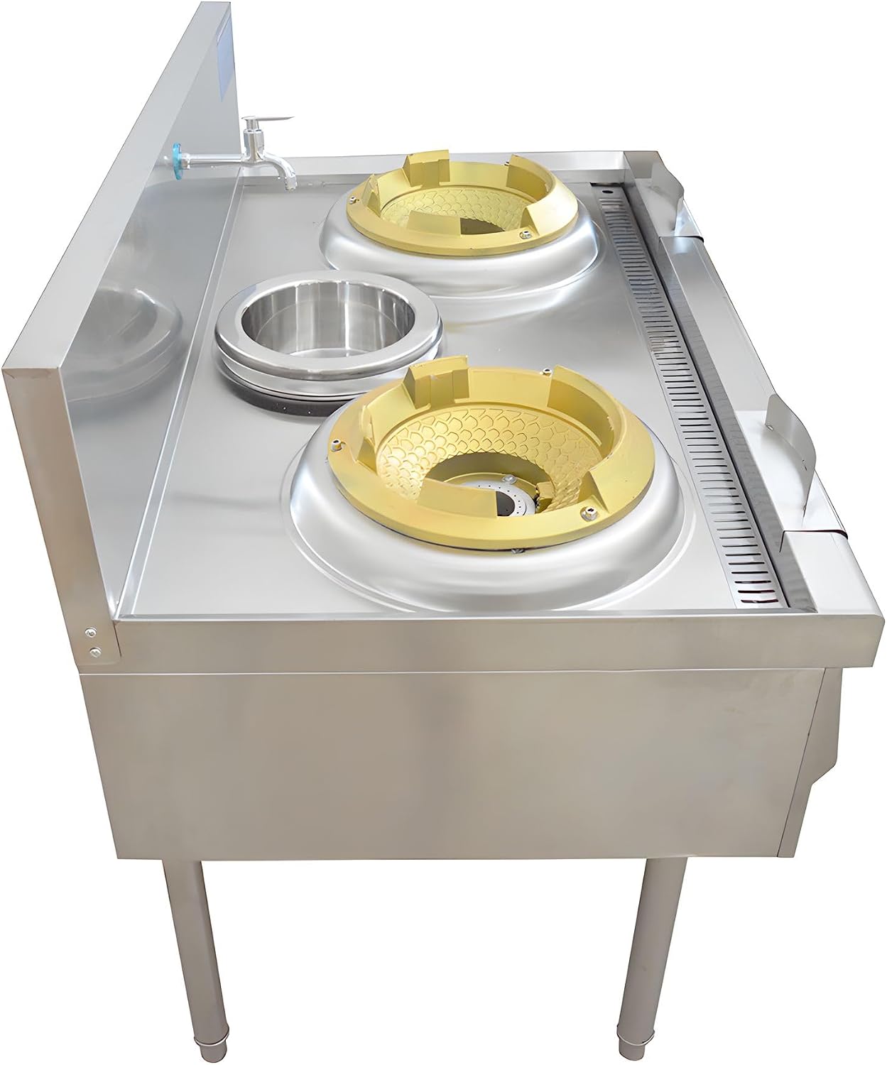 Commercial High Fire Stove 110V Double Head LPG Gas Stove Burner Stainless Steel Wok Range Burner with Baffle and Water Basin 120W Single Fan Power 0.59" Air Inlet Diameter