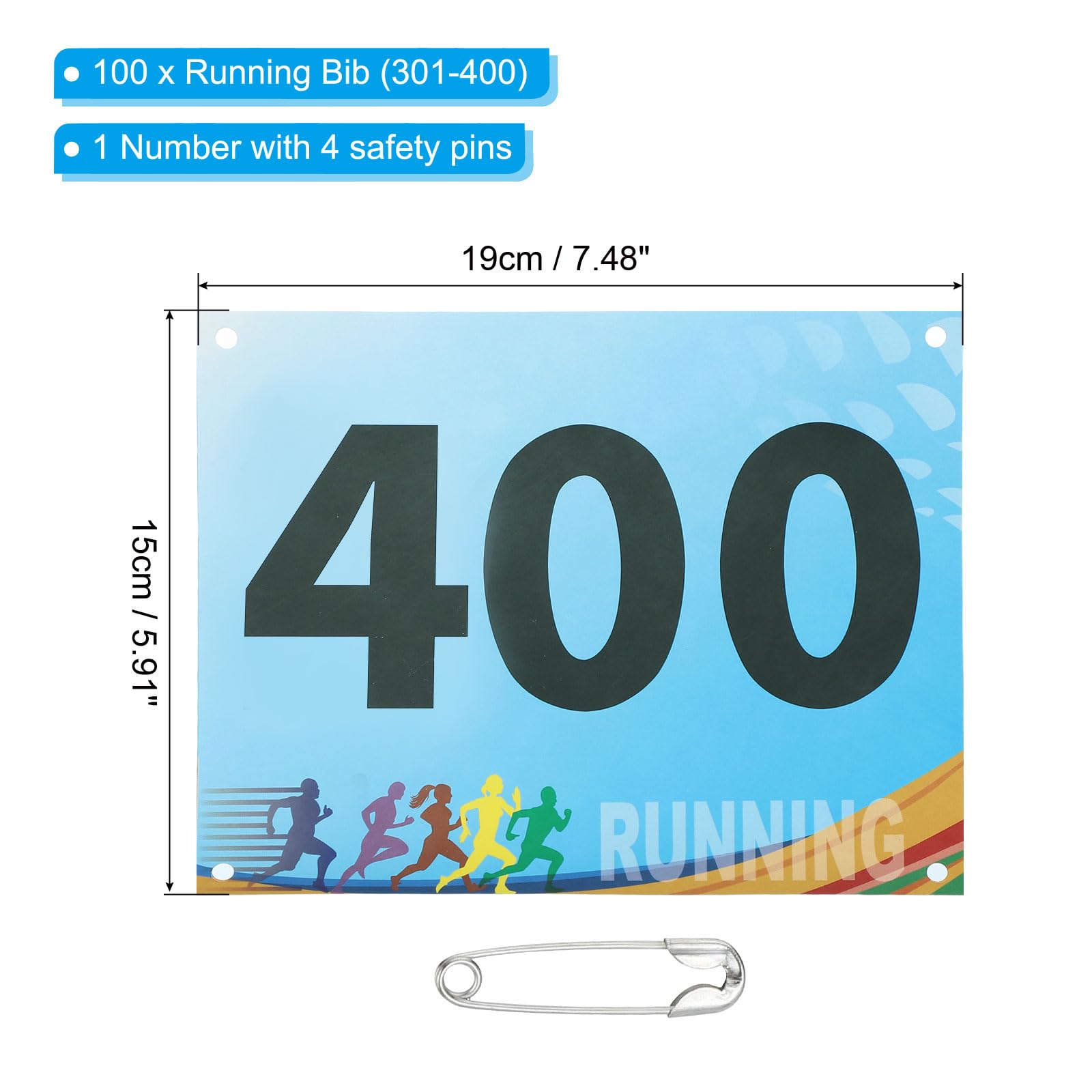 PATIKIL Tearproof Running Bib Numbers 7x6 Inch, 301-400 Race Competitor Numbers with Safety Pin for Marathon Sports Game Competition Runner, Multicolor