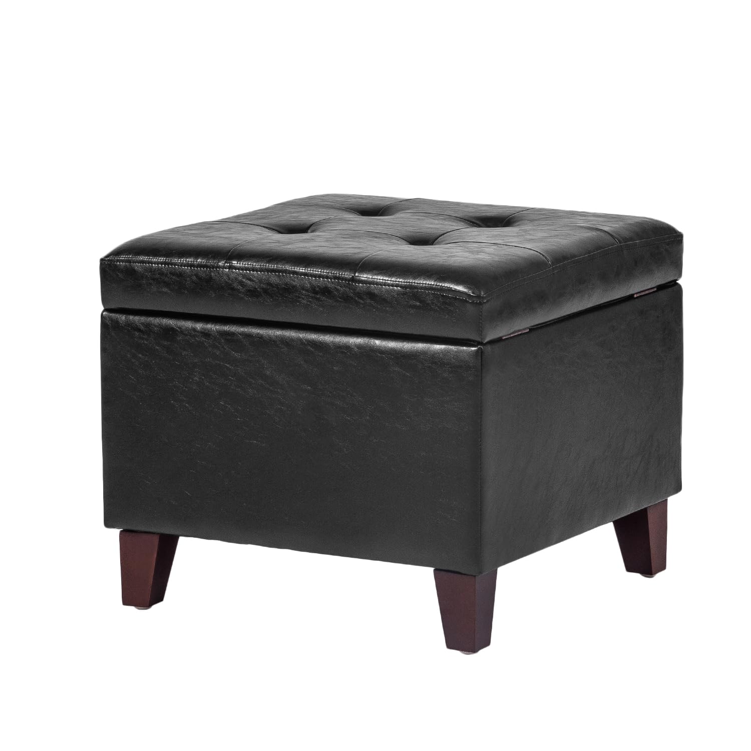 Adeco Storage Ottoman Foot Rest Stool, Leather Ottoman Footstool with Solid Wood Legs and Hinged Lid, 17.7" Small Foot Stool for Living Room, Bedroom