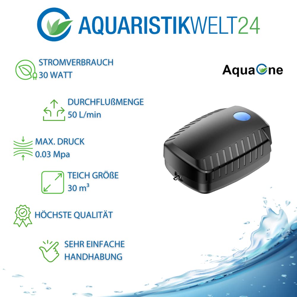 AquaOne Luftpumpe CAP-60 I Belüfterpumpe 30W als Set I Sauerstoffpumpe für 30m³ große Gartenteiche I energiesparende Teichbelüftung I inkl. Luftausströmer Schlauch