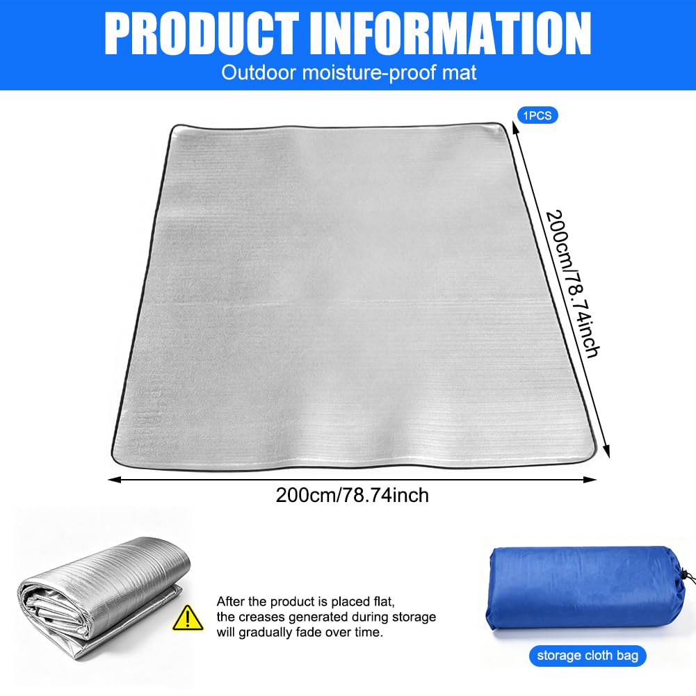 Matelas thermique de camping, isolant en mousse en aluminium, 200 x 200 cm, tapis de couchage pour camping, couverture thermique, tapis de sol, pour la randonnée, le trekking, les activités de plein