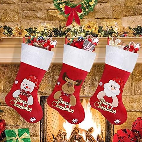 SHareconn [3 Stück Nikolausstrumpf, 18" Große Weihnachtsstrumpf Werden für Weihnachtsbaum Deko, Süßigkeitenbeuteldekoration, Enthältet Weihnachtsmann, Davidshirsch, Schneemann,Rot Cover