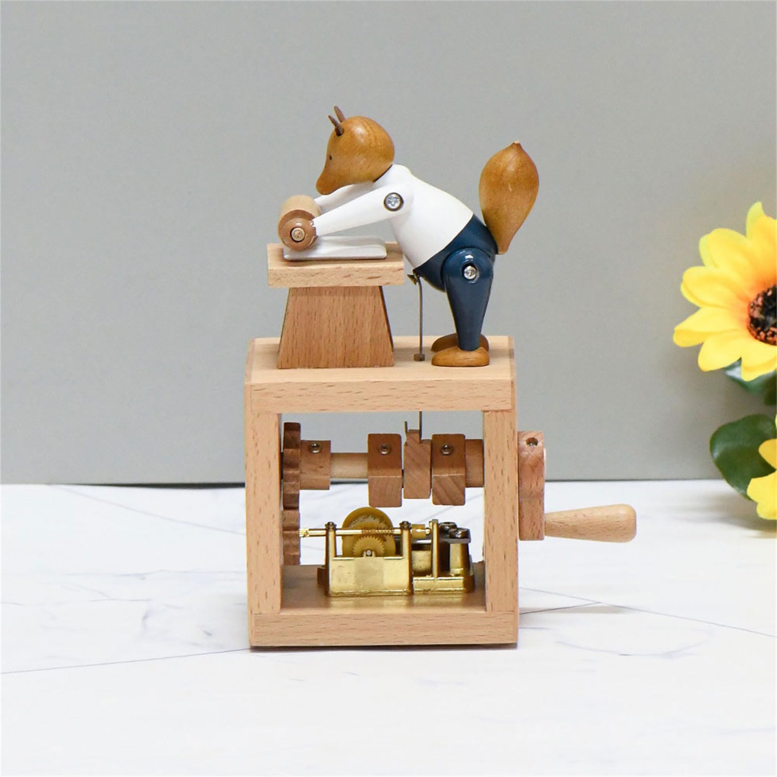 Caja de música de madera de manivela con figura de animal de dibujos animados de bailarina clásica, adorno musical para decoración del hogar, caja de música coleccionable