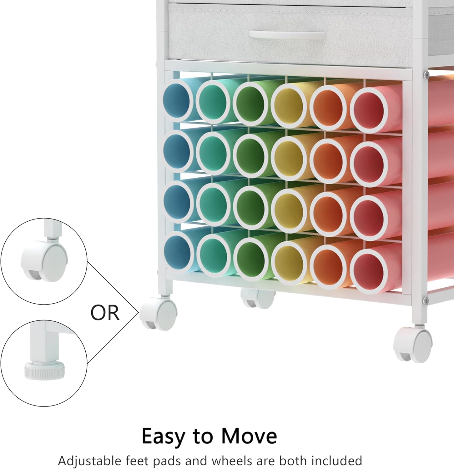 Trironsun Organisation und Aufbewahrung, Bastelwagen, kompatibel mit Cricut-Maschinen, Rollen-Organizer mit 24 Vinyl-Rollenhaltern und 2 Stoffschubladen, Bastelschrank für Bastelraum, Weiß