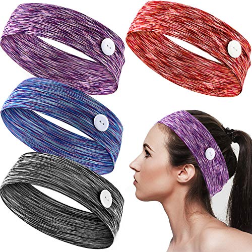 4 Elastic Buttons Headbands Yoga Sports Hairbands Headbands with Buttons Wide Non-slip Headband for Nurses Doctors Women Men Sports Running Travel Fitness (Black, Purple, Red, Blue)