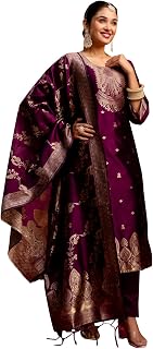 VredeVogel Women's Cotton Silk Blend Zari Work Kurta Pant Set with Jacquard Silk Dupatta | Modern & Traditional Blend Ethn Price In India