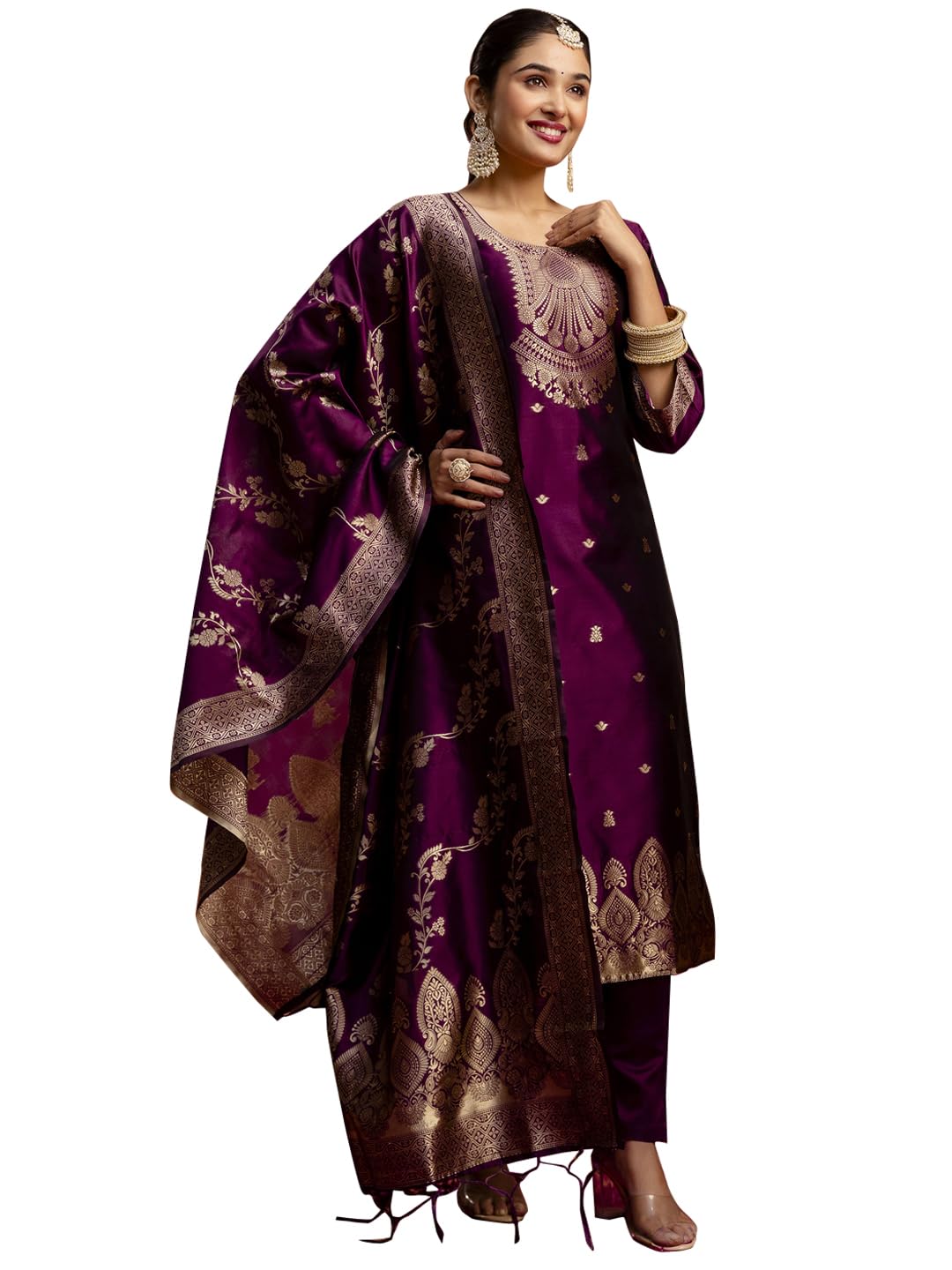 vredevogel Women's Cotton Silk Blend Zari Work Kurta Pant Set with Jacquard Silk Dupatta | Modern & Traditional Blend Ethnic Wear Set-picture-47