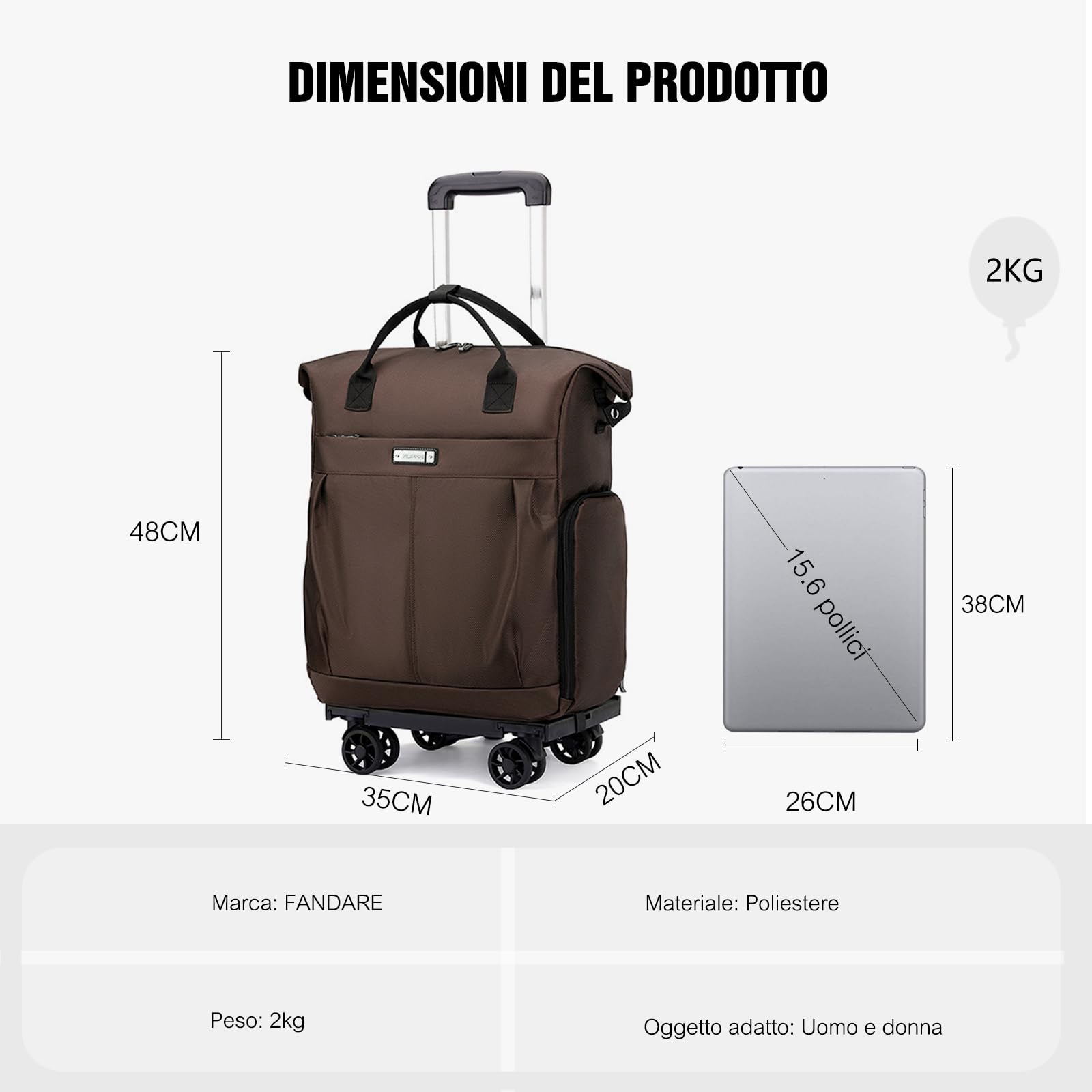 FANDARE 35L Trolley per 15.6 pollici PC portatili Uomo Donna Trolley per la spesa Zaino con rotelle con manico telescopico Zainetto Borsa per Insegnante Borse Messenger Zaini ufficio Marrone