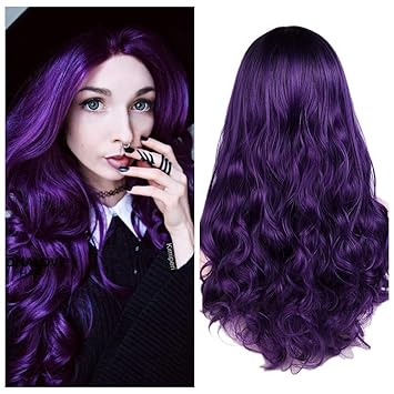 Ombre Black To Violet: Quantum Love Wigs Ombre Wig Black To Violet Middle Part Long Culy Wig Heat Resistant Synthetic Daily Party Wig For Women