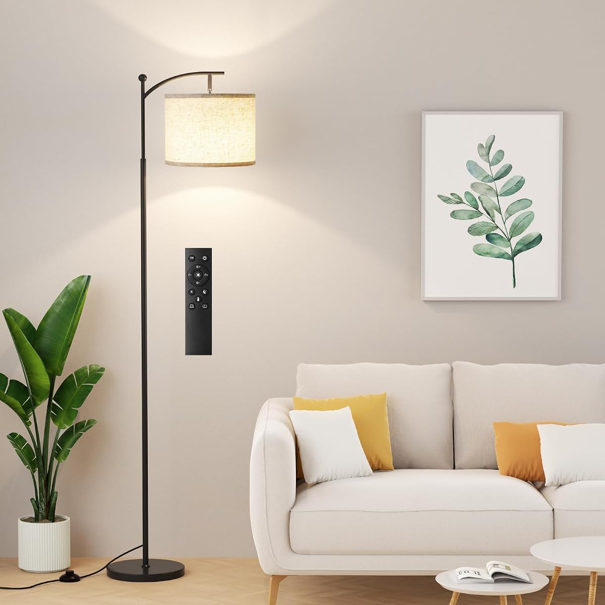 60" Floor Lamp with Remote and Stepless Dimmable Bulb, Black Pole | Colors Temperature and Brightness Adjustable, Foot Switch, Remote Control, Beige Shade, Modern Floor Lamp for Living Room