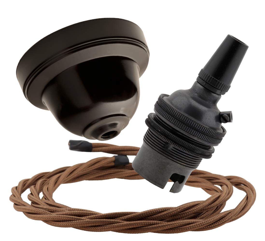Repaireum Ltd. Ceiling Pendant Kit with Traditional Brown Bakelite Rose and Bronze Finish B22 Lampholder with 2 Meter Bronze Flex