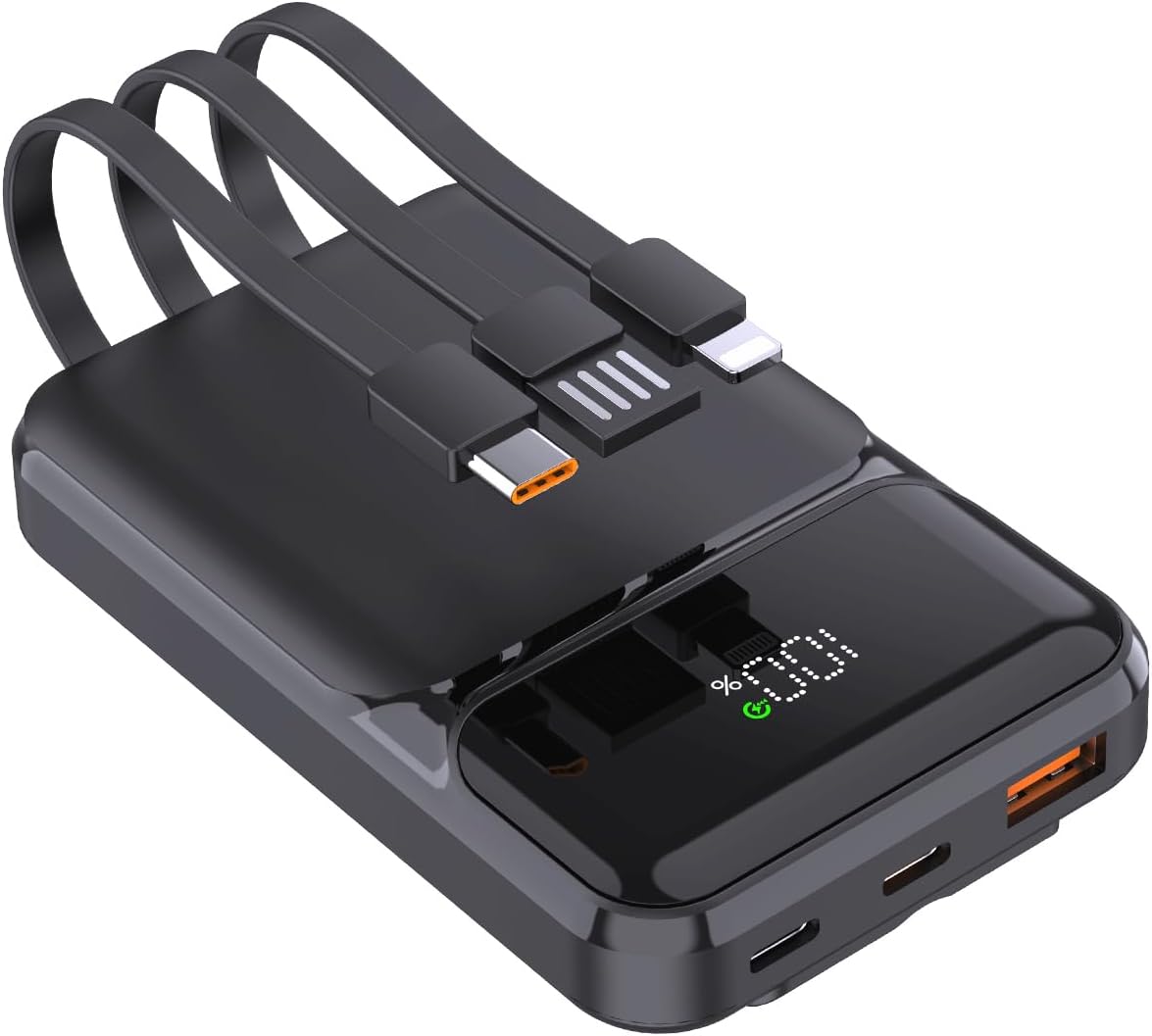 Power Bank 10000mAh Con Cavi Integrati - Ricarica Rapida PD 20W, Display LED | Compatibile Con IPhone E Android