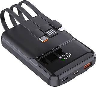Powerbank 10000mAh PD 22.5W QC 4.0 Fast Charging USB-C Outputs with Integrated Quick Charge Cables Portable Charger Battery Pack Compatible with iPhone Samsung Google Pixel LG (Black)