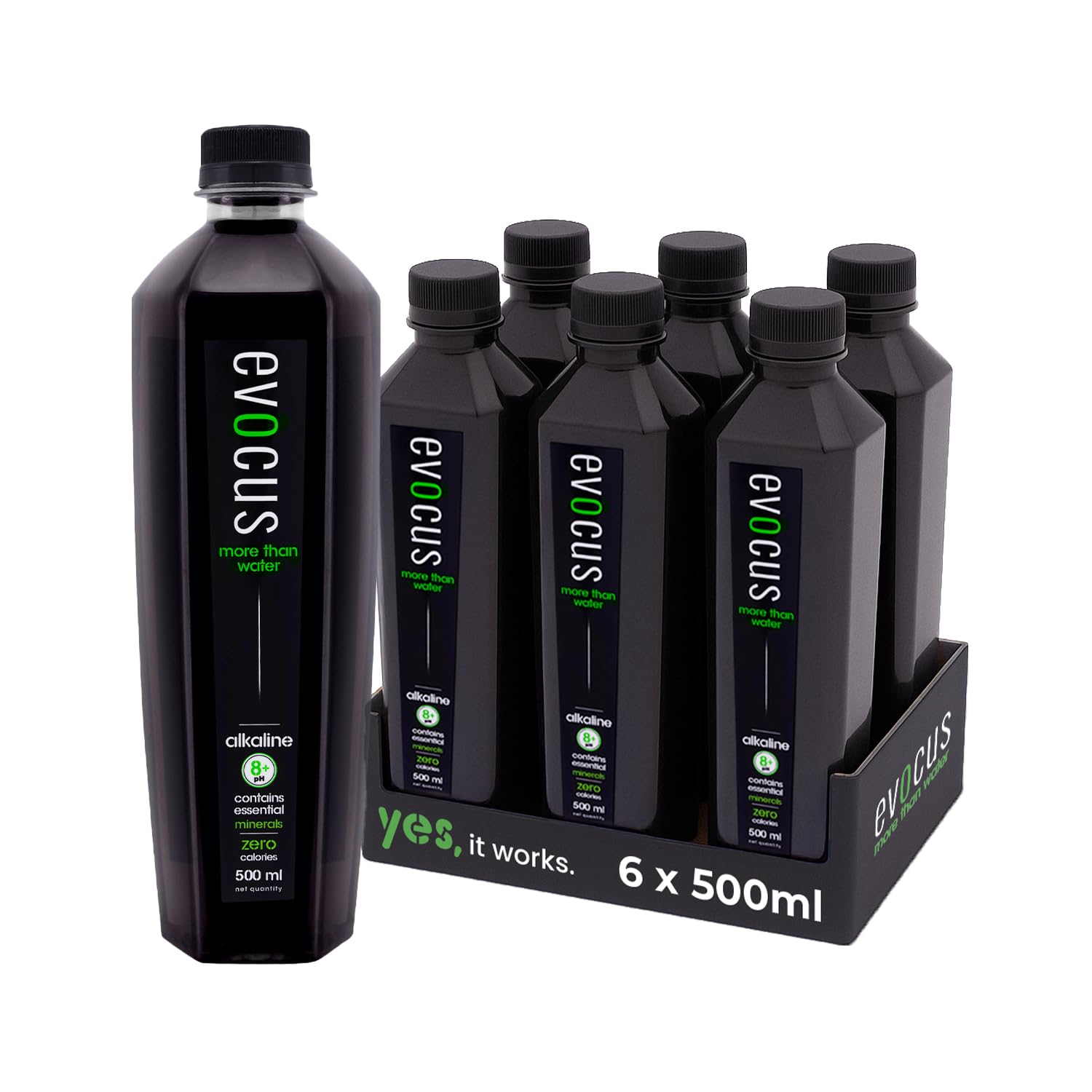 Evocus Black Alkaline Drink | Infused with Essential Minerals | 8+ pH Alkaline | Pack of 6 (500mL Each) Bottled Water | Mineral Water