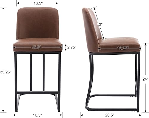 Miniatura 2 de Juego de 2 taburetes de bar modernos de piel sintética con patas negras, taburetes de bar de 24 pulgadas, sillas de bar tapizadas con respaldo para