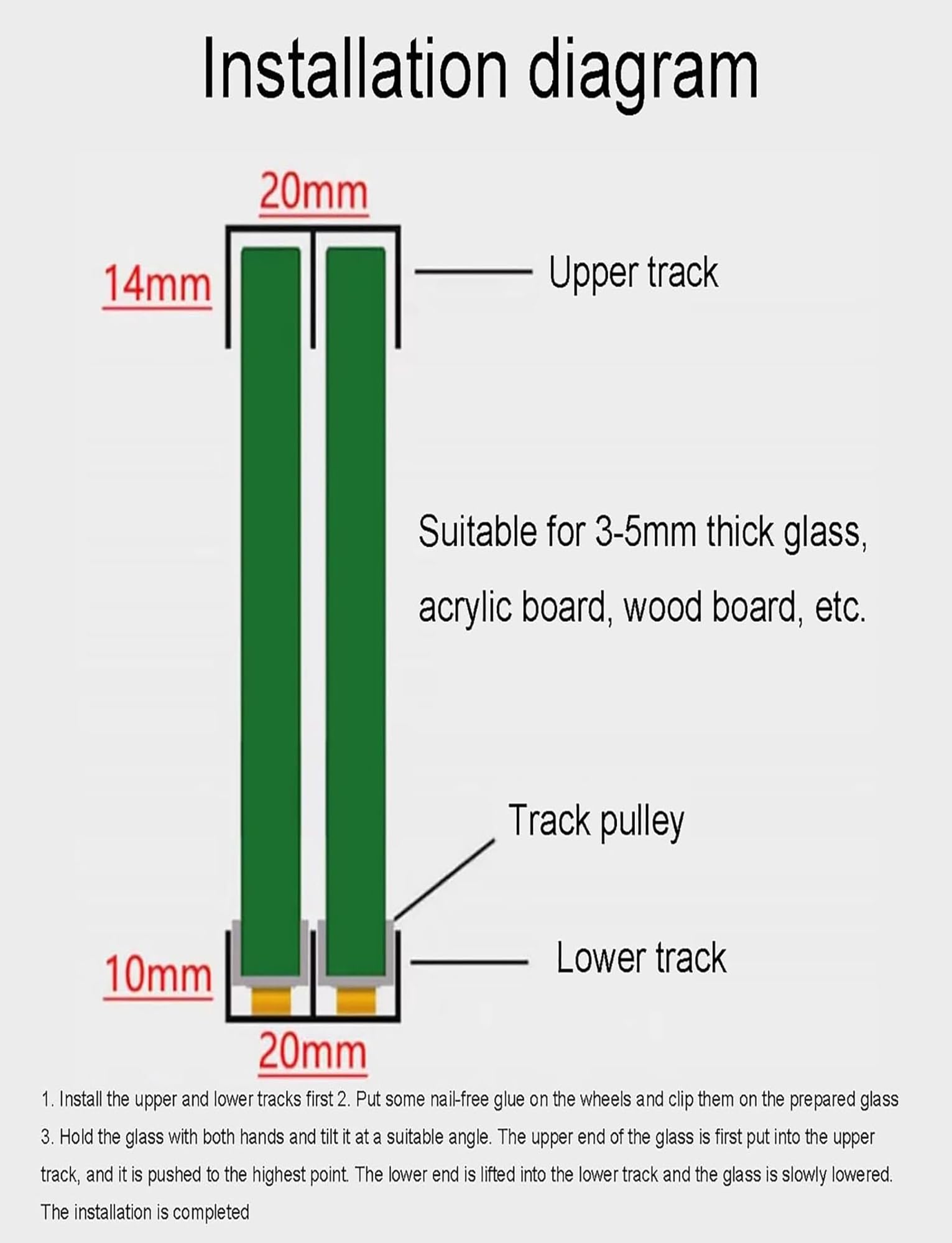Generisch Acrylglasschiene, verdickte 5–8 mm Glasschiebetür, Doppelschienen-Vitrinenschiene, Zubehör for Schienenräder aus Aluminiumlegierung(130cm/51in)