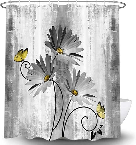 Miniatura 3 de Cortina de ducha rústica de granja, cortina de ducha de madera con margaritas grises y mariposas en madera campestre para baño, cortina de ducha