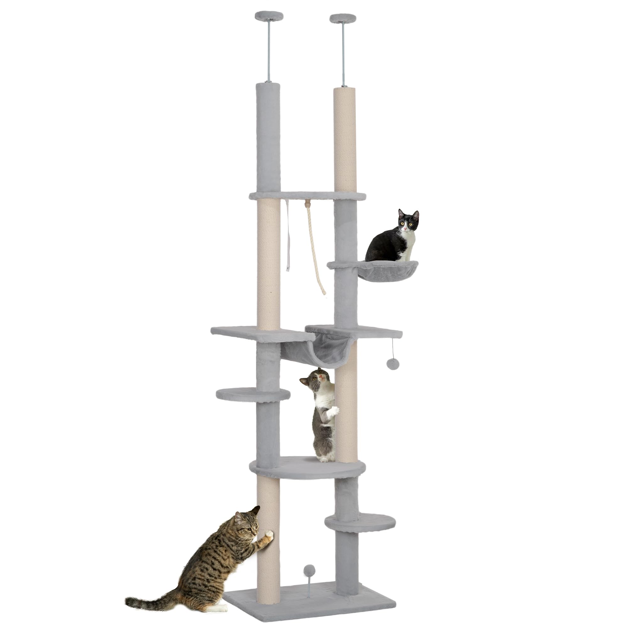 PawHut Árbol para Gatos de Suelo a Techo 225-255cm 7 Niveles Rascador Gris | Torre para Gatos, Hamacas, Plataformas, Juguete de Cuerda, Bola de Juguete
