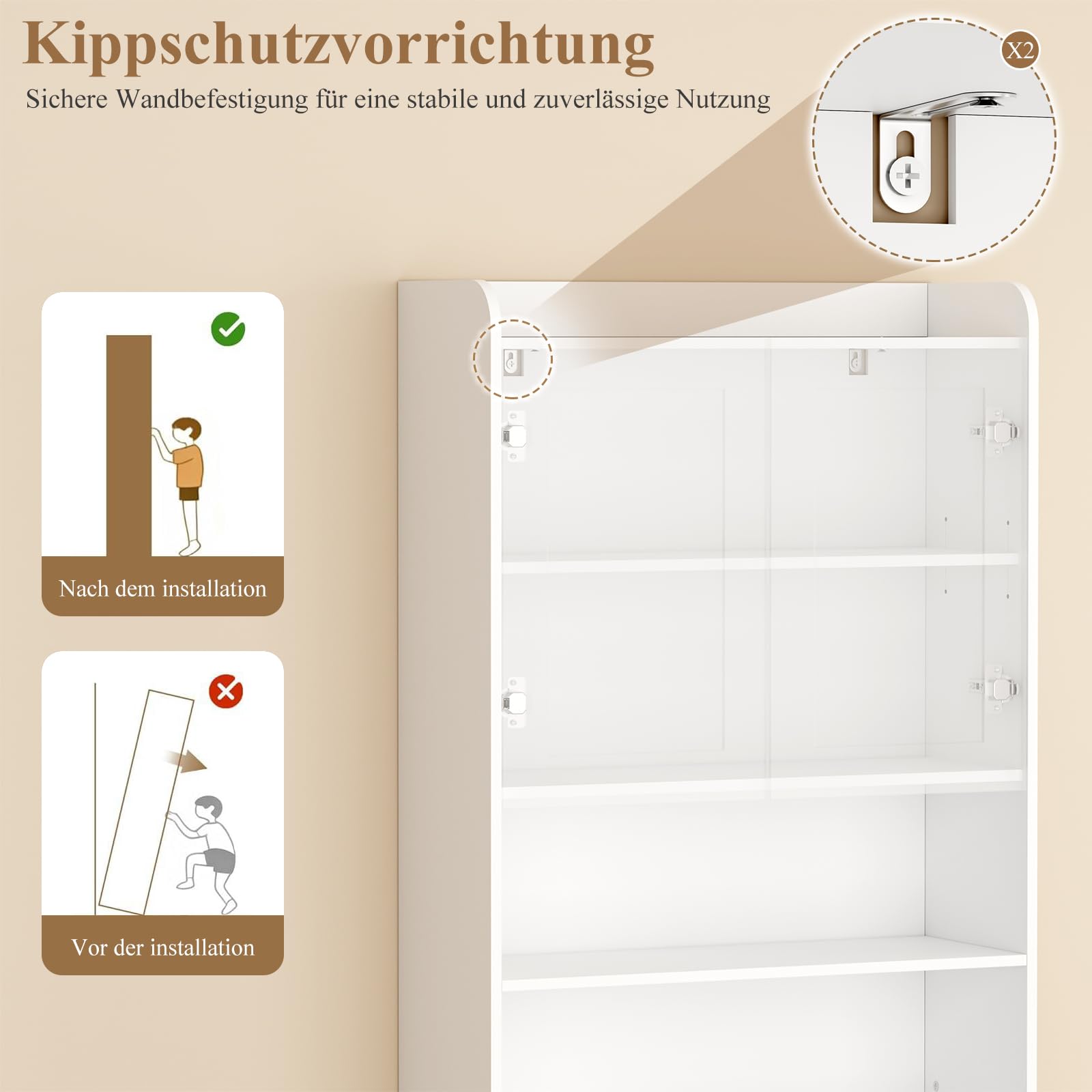 BEWISHOME Waschmaschinenschrank,Hochschrank,Waschmaschinenregal mit 2 Türen & 2 offenen Fächern,Verstellbare Ablagen,Badezimmerregal über Waschmaschine/Toilette,24×65×185 cm,Weiß EYYG19W