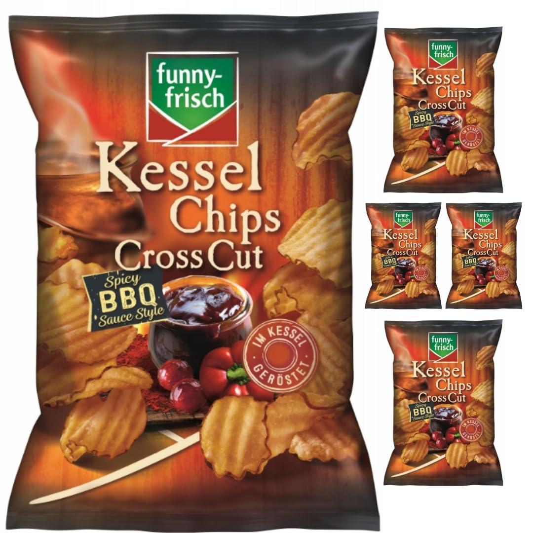 Funny-frisch Kessel Chips Cross Cut Spicy BBQ Sauce Style 120 gramm x 5 Stück mit Pufai