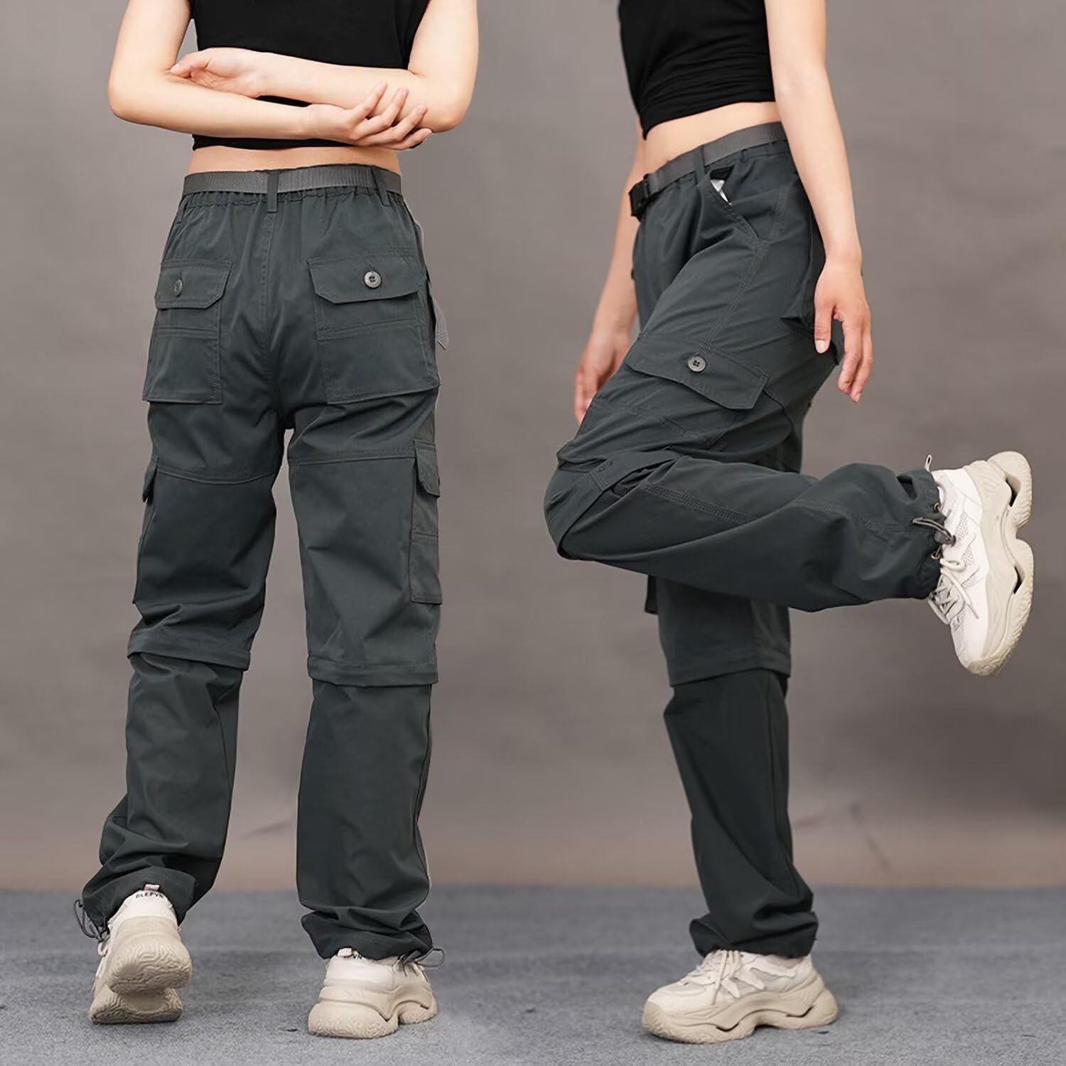 Pantaloni da trekking da donna, con zip off, ad asciugatura rapida, da trekking, con gambe rimovibili, traspiranti, pantaloni cargo estivi, pantaloni funzionali con cintura, 6 tasche