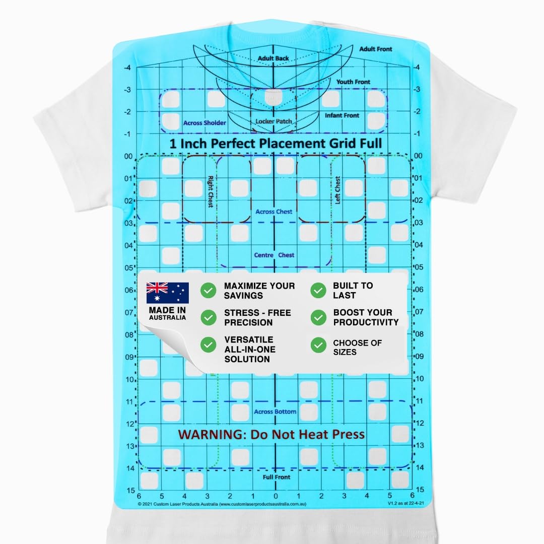 Guia de regla para camisetas, alineacion completa | Disenado y fabricado en Australia; DTF y bordado; PETG; alineacion HTV