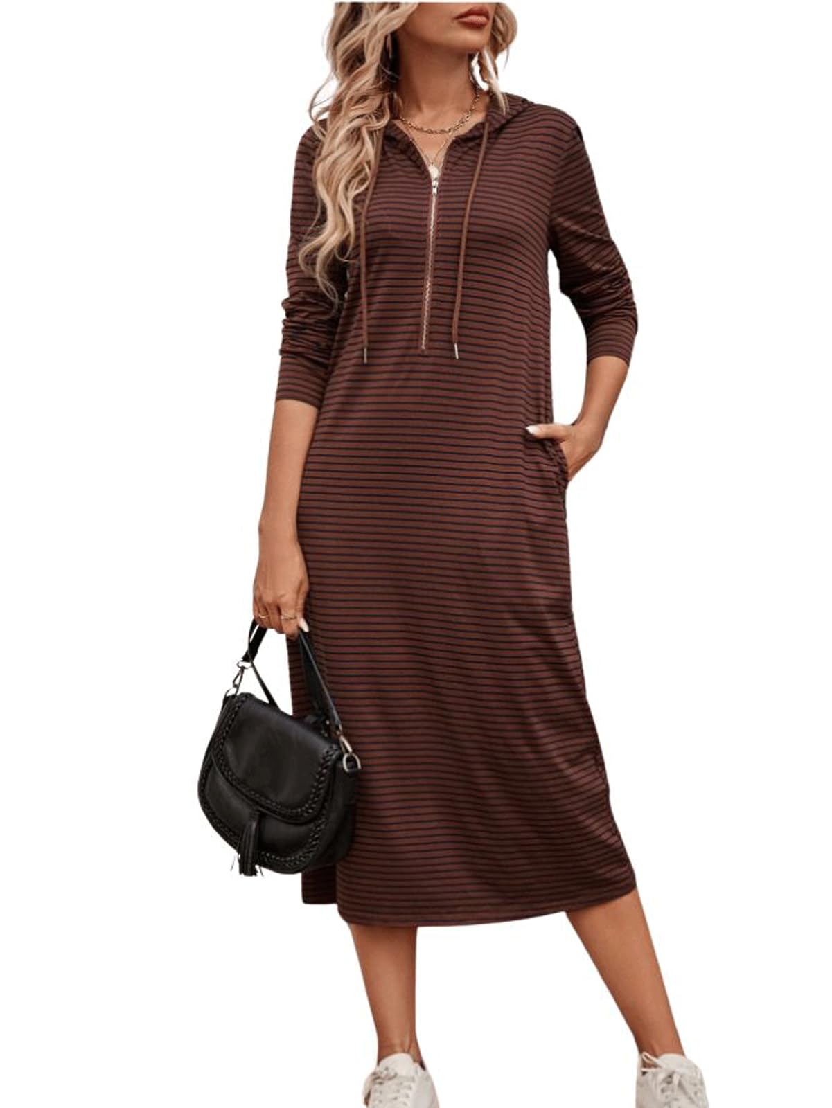 utcoco Women's Long Sleeve Pullover Hoodie Dress Casual Loose Stripe Zipper Pocket Slim Long Midi Dress