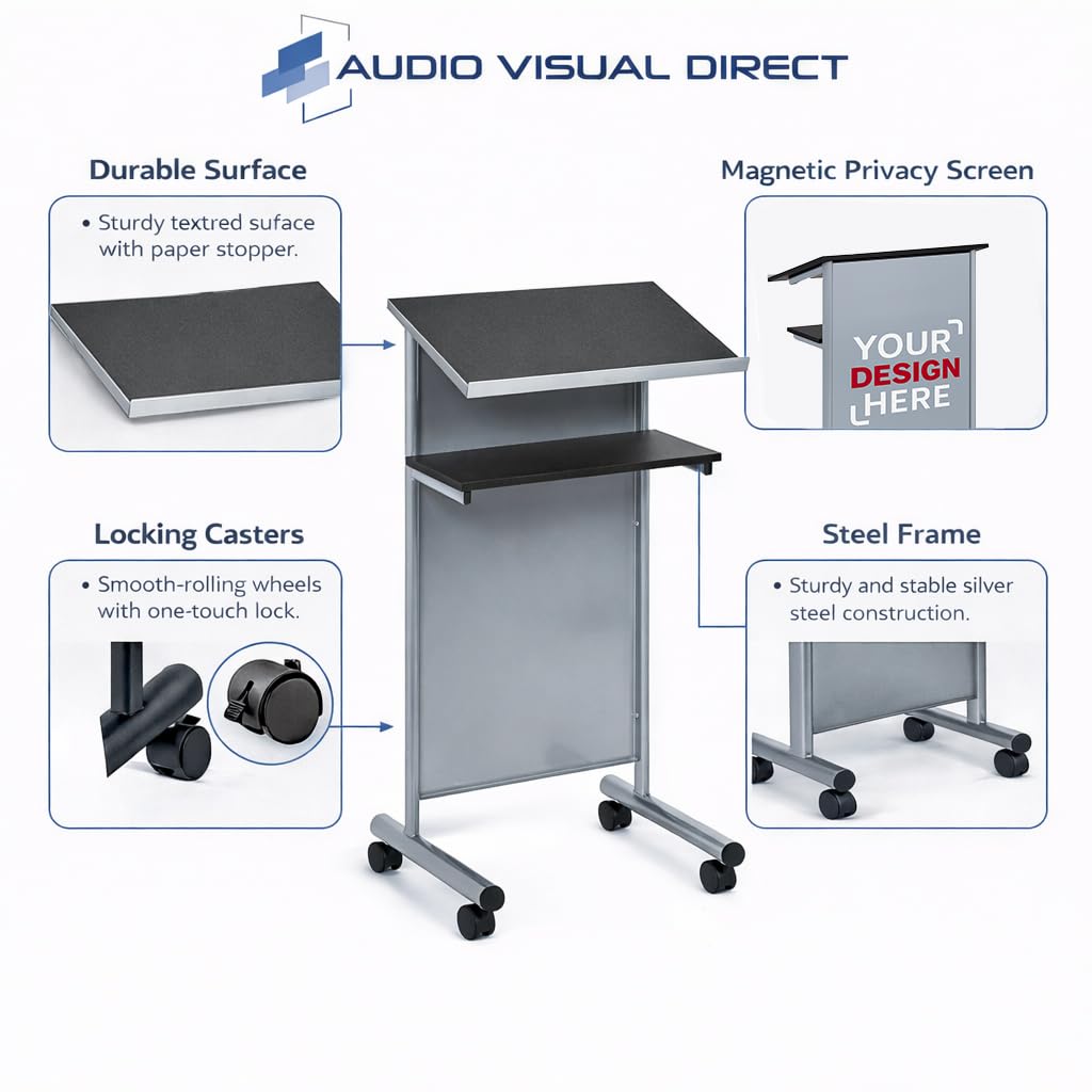 Audio-Visual Direct Rädern Rednerpult mit Ablage - Silber/schwarz - Compact stehend Schreibtisch für Lesung - Laptop-Ständer / (MEHRWEG)