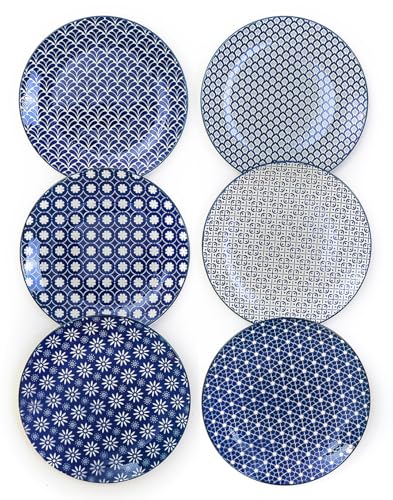 AntoKueh - AntoKueh Blue and White Ceramic Dinner Plates Set of 6, 10.5inch 26.6cm Large Dessert Plates for Salad, Appetizer, Snacks, Steak - Scratch, Chip Resistant, Dishwasher & Microwave Safe