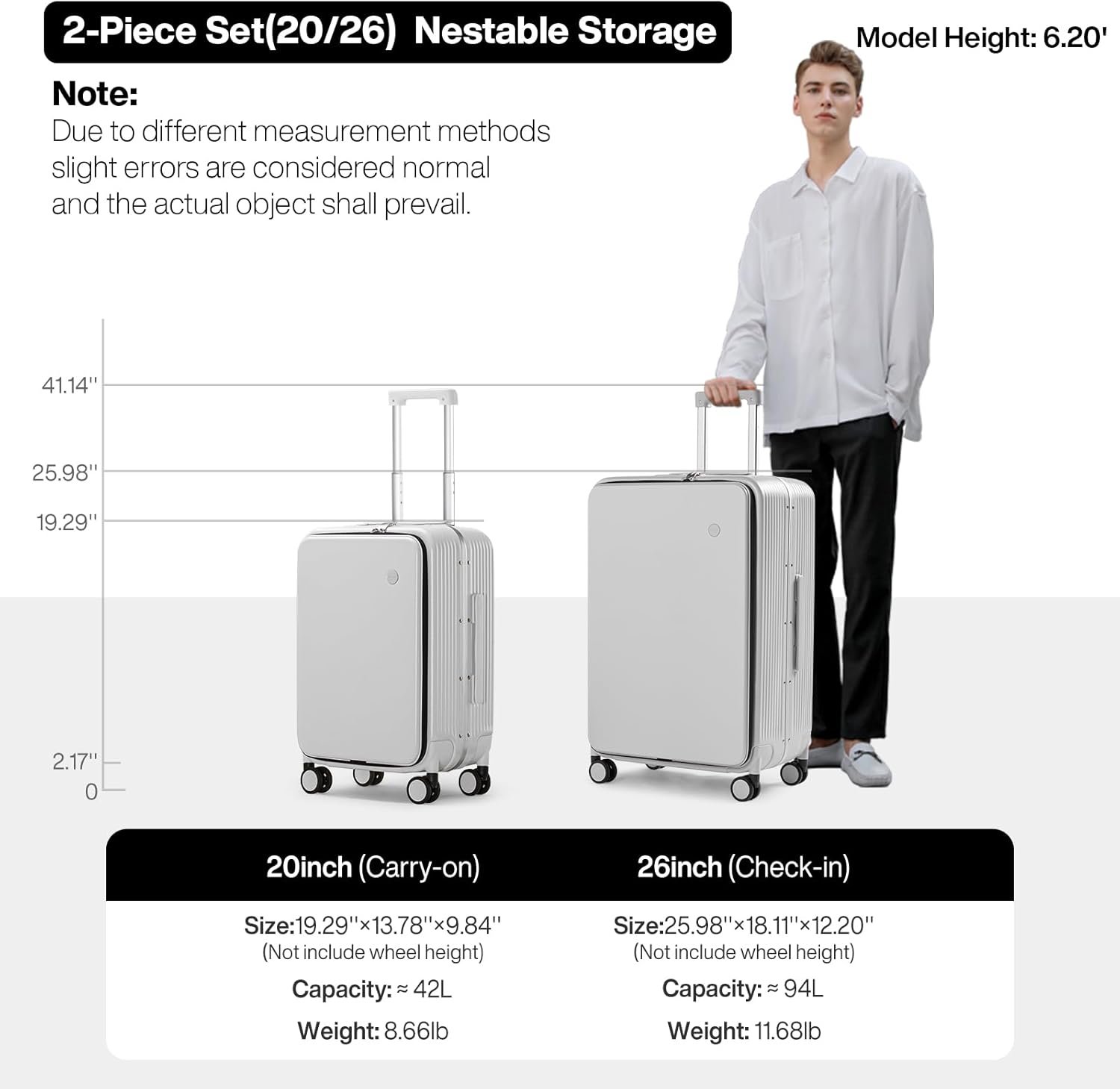 mixi 2-Piece Luggage Sets with Cup Phone Holder and Charger Hard Shell Suitcases with Spinner Wheels, 20+26 Smoke White