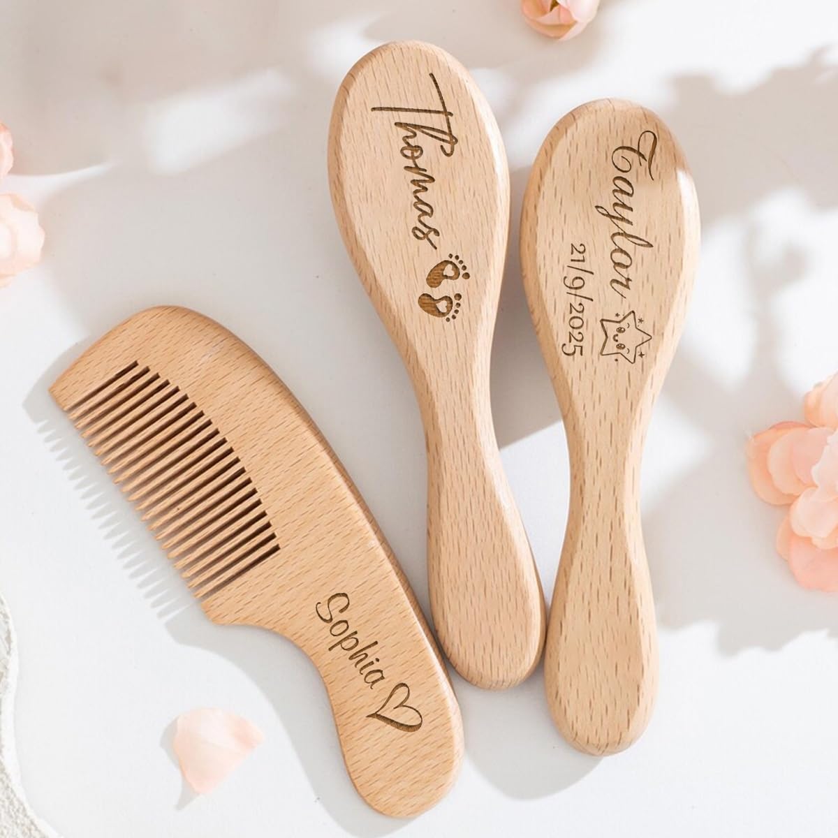 Baby Brush and Comb Set for Newborn Personalized Gift, Custom Wooden Toddler Hair Brushes Kit with Soft Goat Bristle, Cradle Cap Brush, Keepsake Gifts for Girl Boy Baby