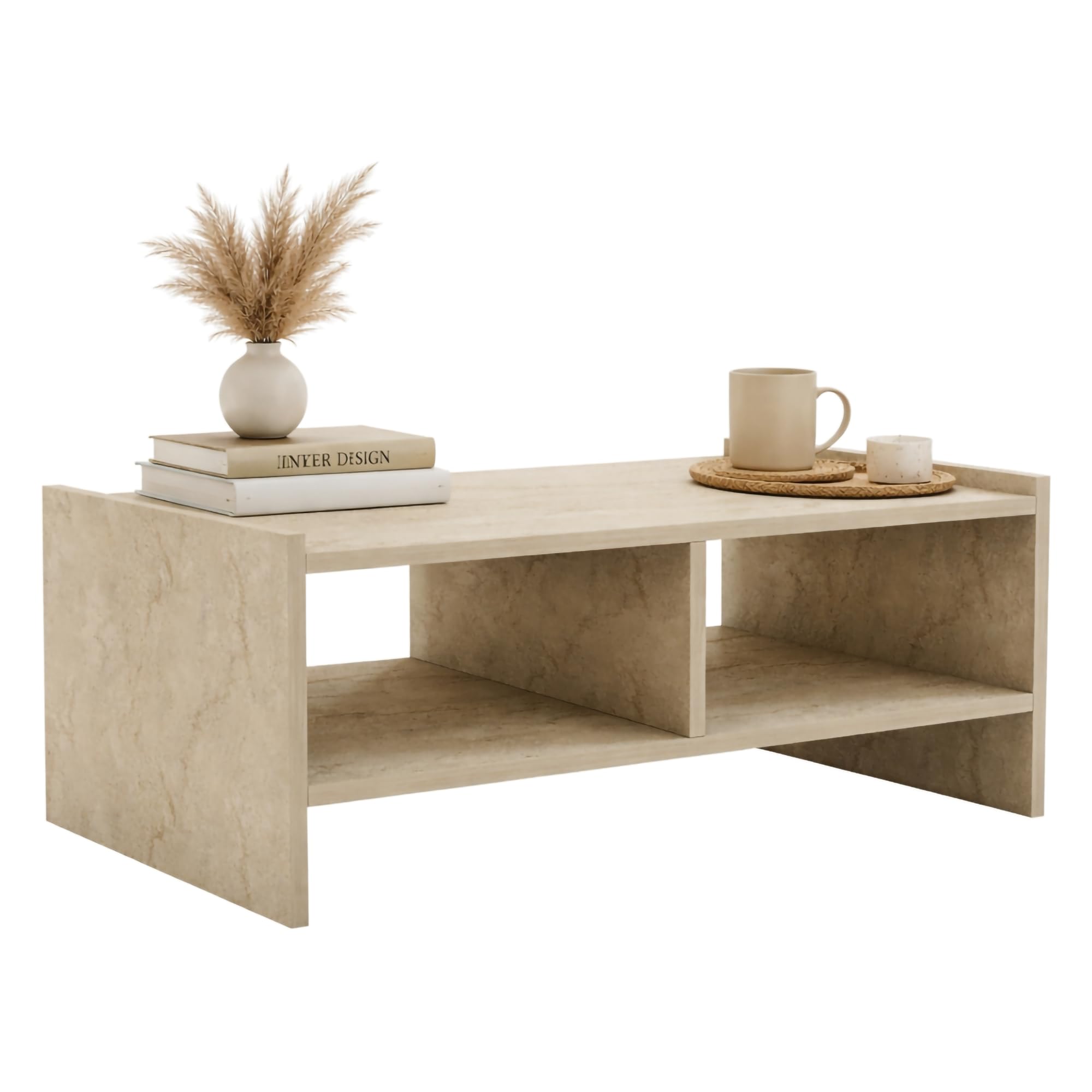 Dmora Ornalo Table Basse 90 x 50 x 35h cm Beige marbre 2 Compartiments Forme rectangulaire, dégradé Couleur Plateau marbre