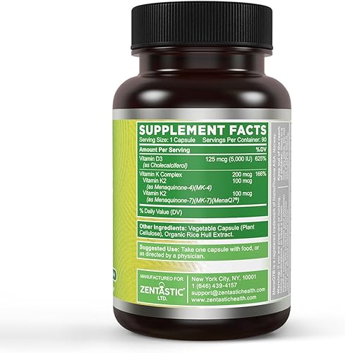 Miniatura 2 de Zentastic Vitamina D3 K2, 5000IU y 200mcg, vitamina D y MK7 y MK4 patentados para apoyo complejo 3 en 1, vegetariano, sin OMG, 90 cápsulas