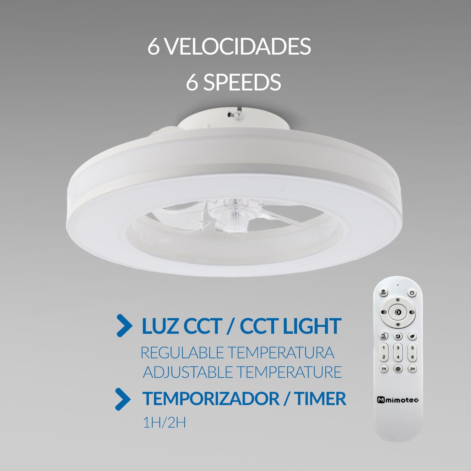 M mimotec - Ventilador de Techo LED Venecia 36W CCT, Motor DC Silencioso, 3600 lm, 6 Velocidades, Control Remoto, Función Verano/Invierno, Temporizador, Luz Regulable 3CCT.