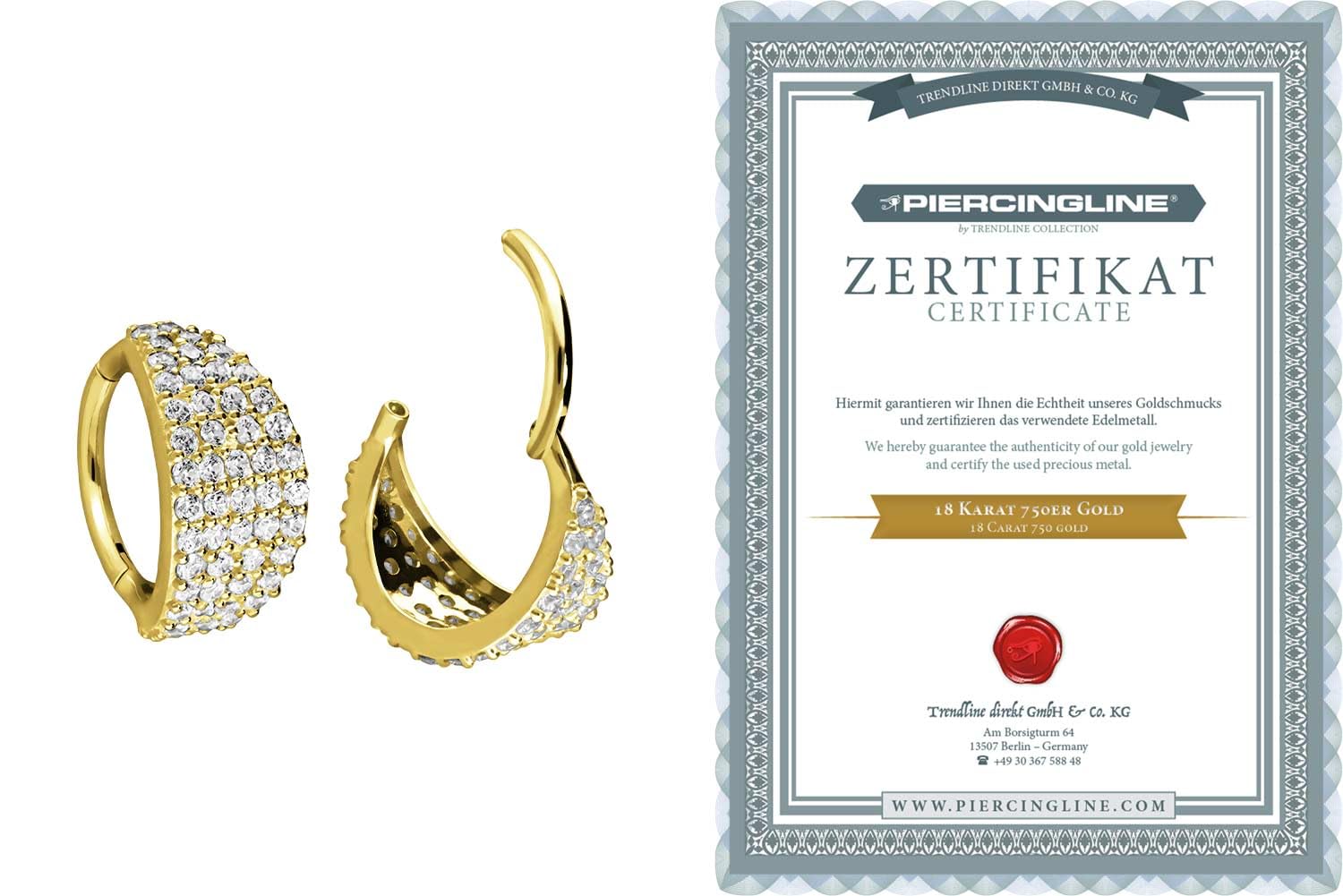 PIERCINGLINE 18 Karat Gold Piercing für Nase, Septum, Ohr, Helix oder Tragus Segmentring Clicker EINGEFASSTES KRISTALLSCHILD