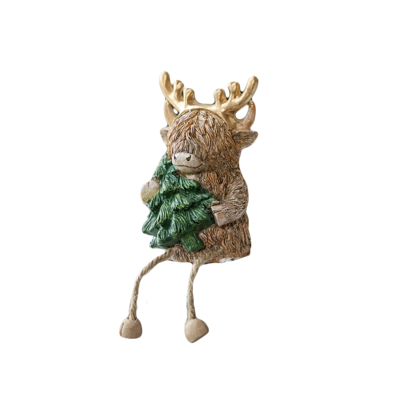 Darthome Brown Highland Cow With Christmas Tree Ornament Resin Xmas Shelf Sitter With Dangly Legs