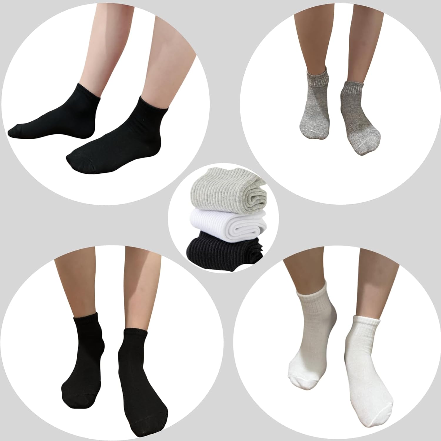 Boys Girls Seamless Crew Socks, Ankle Socks, Brathable Cotton 3-13 Years Black White Grey Socks 5 Pairs