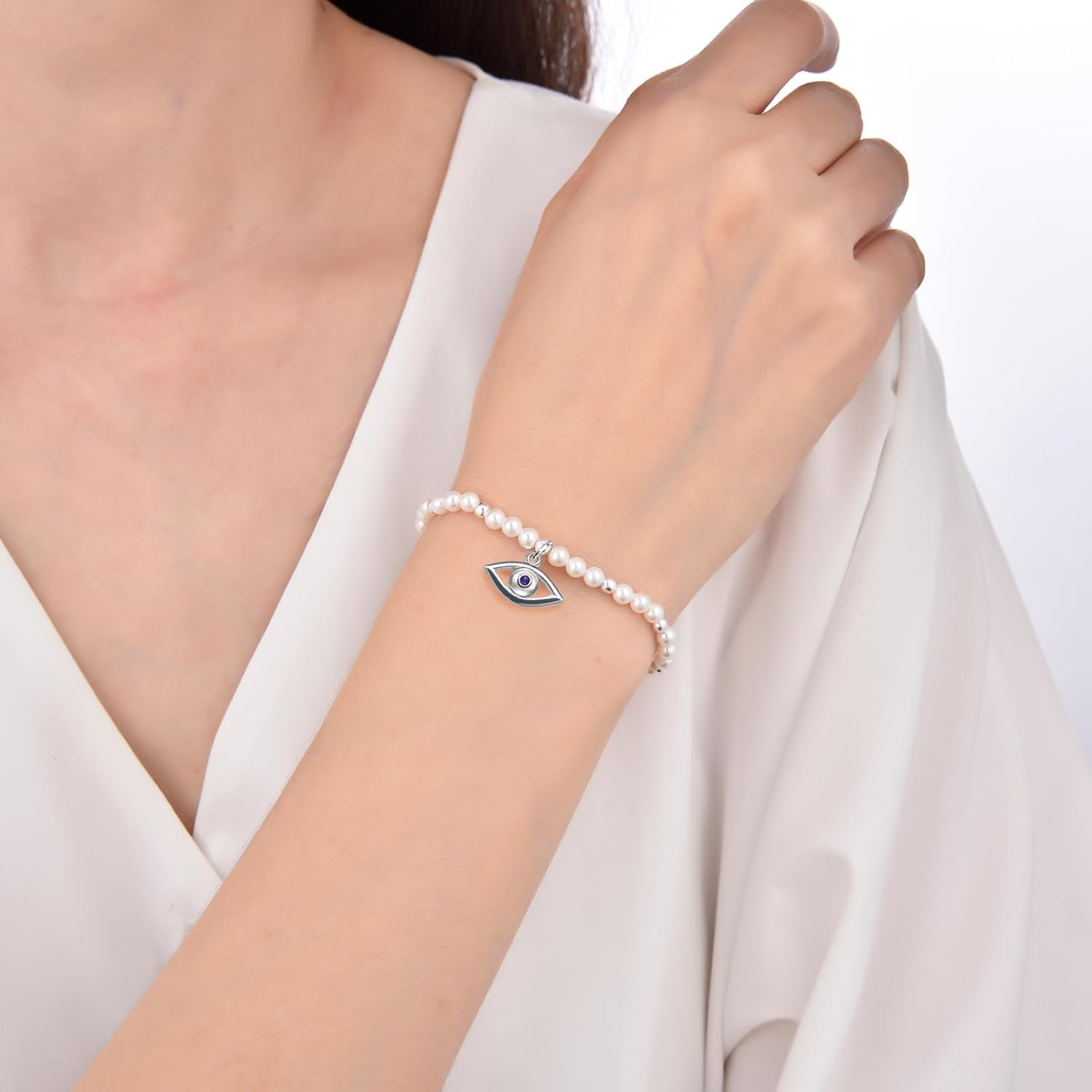 ZVVBOO 925 Sterling Silver Stretch Bracelet with Heart Pendant, Mother of Pearl, Women’s Fine Jewelry, Gift for Party - Image 3