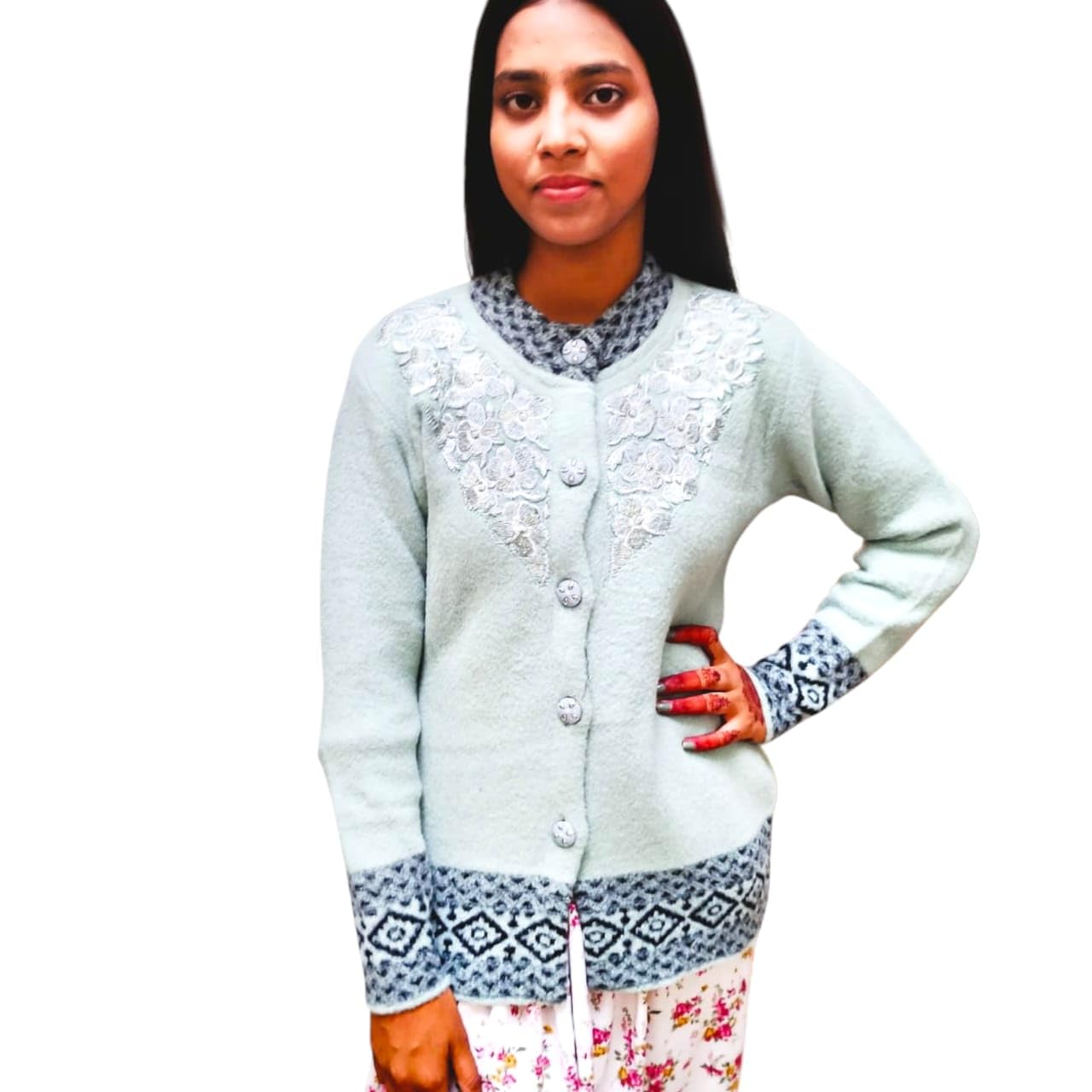 Radha emboidered Women's Lace Embellished Cardigan, Mint Green with Fair Isle Trim, Button Front-image-16