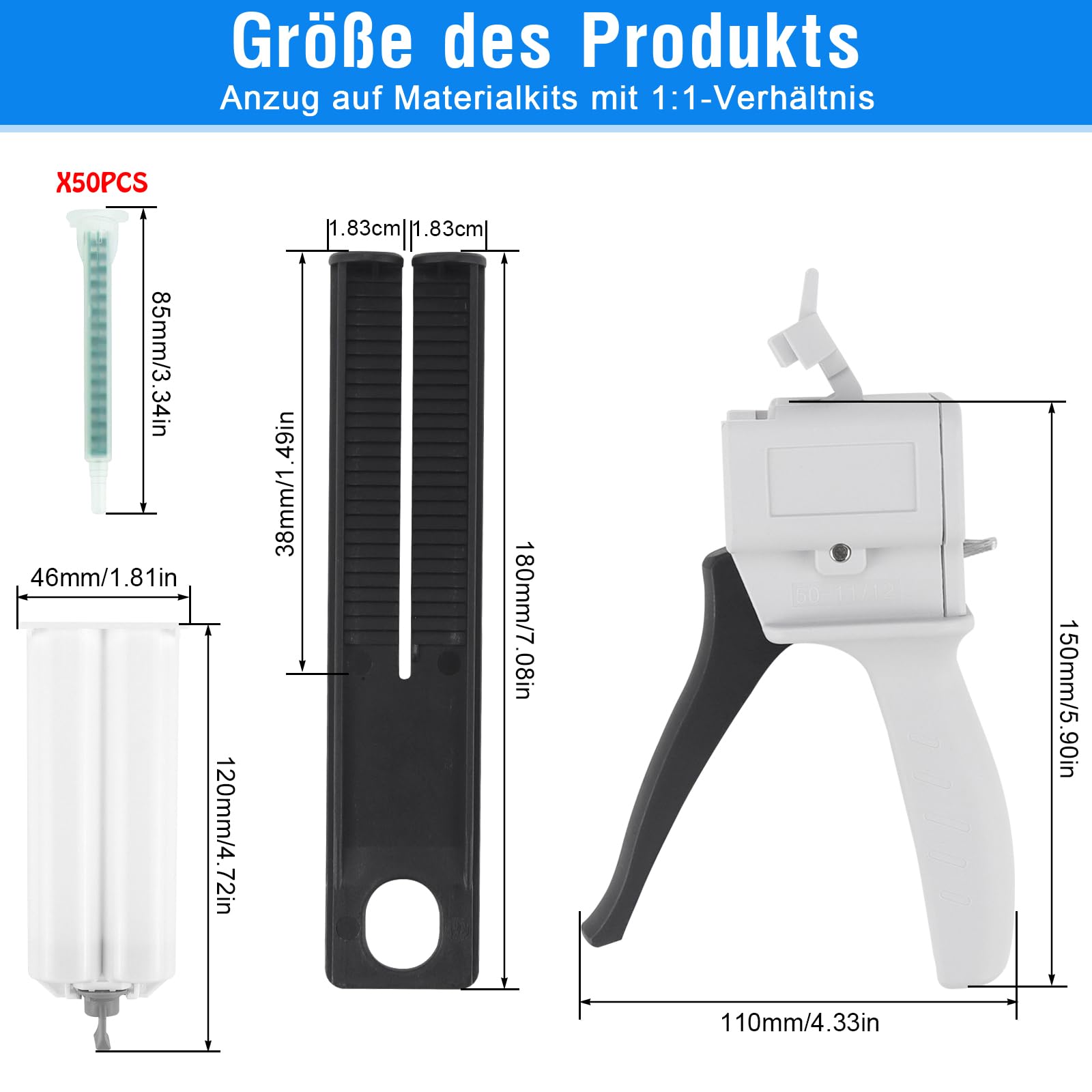 Pistolet à colle époxy AB - 50 ml - Poignée - Pistolet doseur pour mélange (2 composants 1:1, 50 ml)