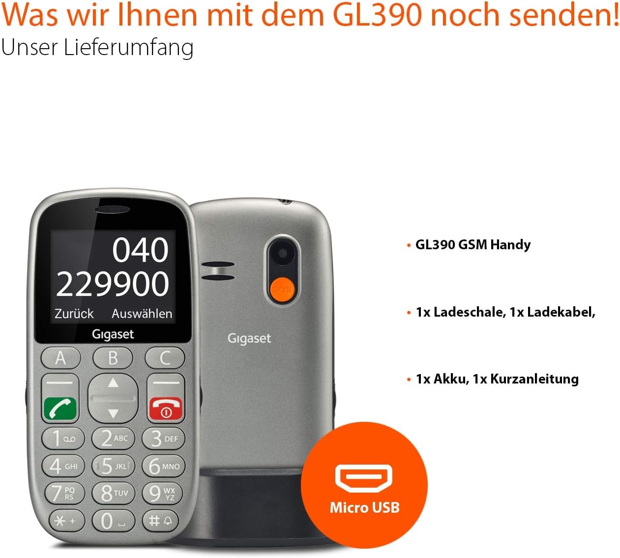 Gigaset GL390 GSM - Senioren Handy mit SOS-Notruf-Taste - großem 2,2 Zoll Farbdisplay - einfache Bedienung mit extra großen Einzeltasten - kompaktes Mobiltelefon ohne Vertrag, titan-silber