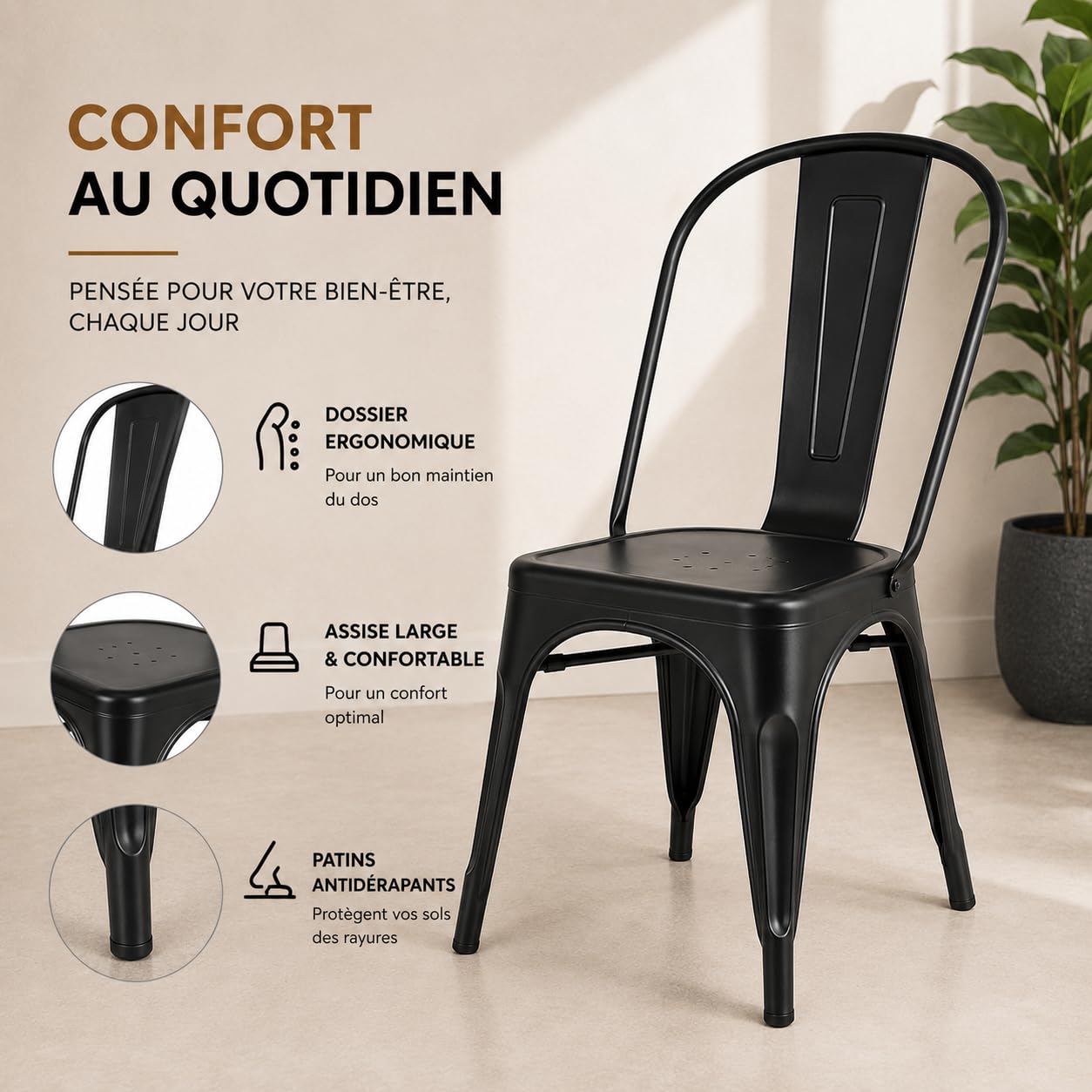 Kosmi Lot de 4 Chaises Industrielles Métal Noir Mat – Chaises de Salle à Manger Empilables – Style Loft Vintage – Cuisine, Salon, Bureau, Restaurant – Structure Acier Robuste