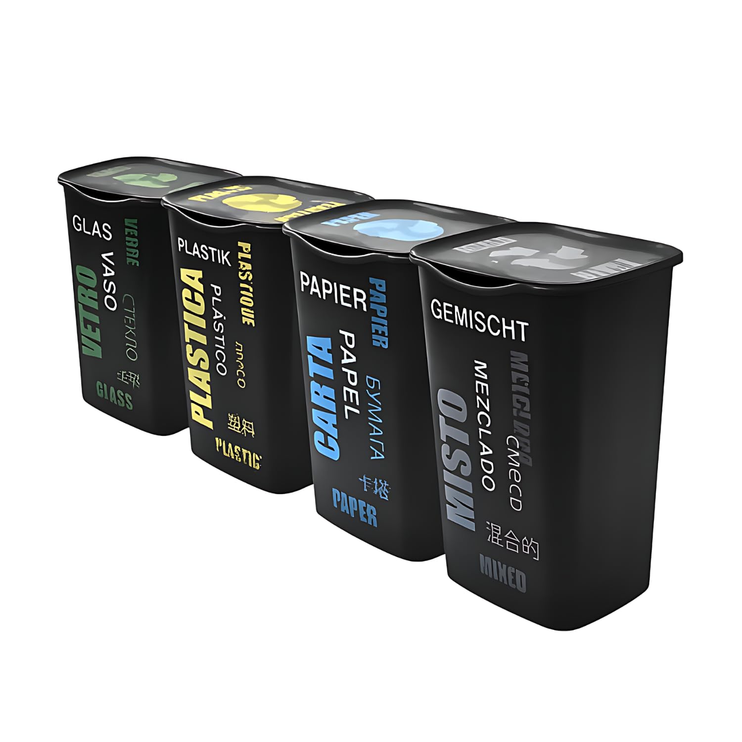 Paluplus Set 4 Pattumiere da 50 Litri con Scritte Colorate per Raccolta Differenziata, misura 37,5x36x53,5cm, Bidoncini Spazzatura con Coperchio Impilabili per Carta, Plastica, Vetro, Misto -1102F -11