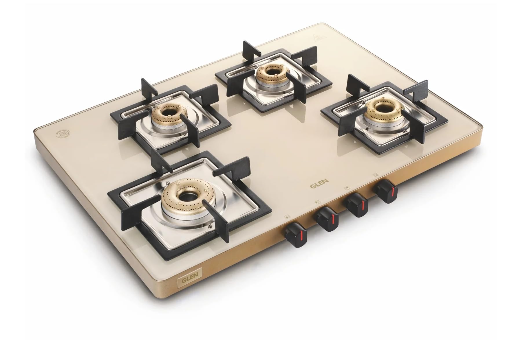 Glen 4 Burner Ultra Slim Glass Gas Stove 1 High flame Forged Brass Burner | Revolving Inlet Nozzle | 2-Year Warranty On Product By Brand (Apricot),open