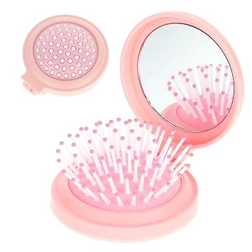 Travel Hair Brush with Mirror, Folding Mini Hair Brush Round Pocket Brushes Compact Travel Brushes for Hairs, Foldable Mini Purse Mirror Portable Massage Comb for Women and Girls, Pink